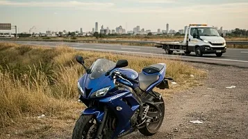 Grúa de plancha buscando una moto parada al costado de la autopista