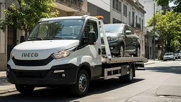 Grúa estacionada con auto gris en la plancha