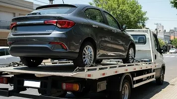 Grúa de plancha remolcando un auto gris oscuro en zona sur