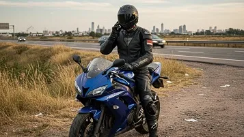 Hombre en moto azul parado al costado de la ruta