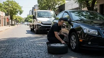 Empleado de grúa cambiando la rueda de un auto