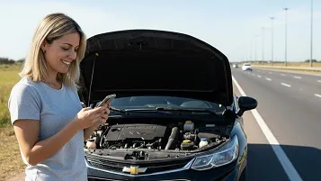 Mujer parada al lado de un auto estacionado en la banquina de la autopista