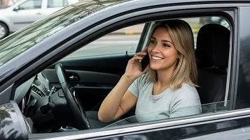 Mujer hablando por teléfono sentada en el auto