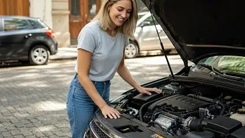 Mujer mirando el motor de un auto negro